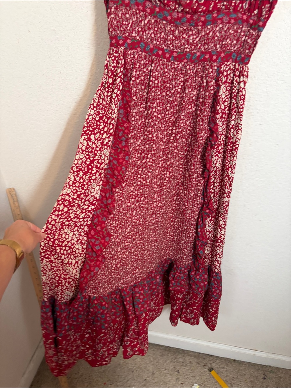 Free People Size 2 Red Floral Maxi Dress Ruffle Boho Tiered Cottagecore Sundress - Picture 5 of 8